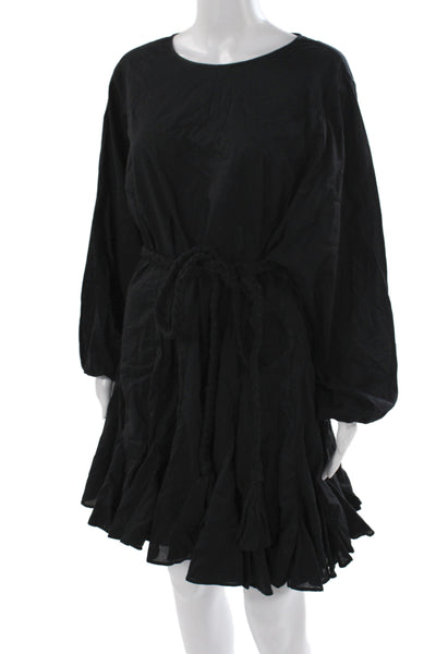 Rhode Womens Black Mini Dress Cotton Long Sleeve Tie Round Neck Size M