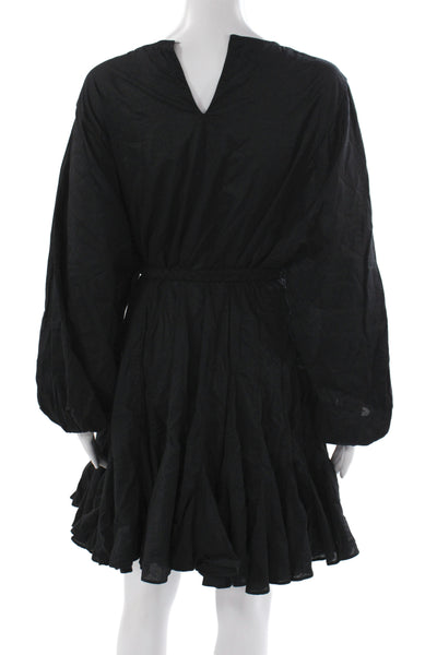 Rhode Womens Black Mini Dress Cotton Long Sleeve Tie Round Neck Size M