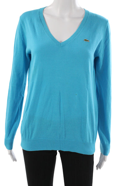 Lacoste Womens V-Neck Long Sleeve Cotton Pullover Sweater Blue Size 38