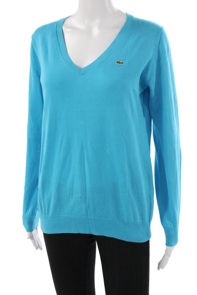 Lacoste Womens V-Neck Long Sleeve Cotton Pullover Sweater Blue Size 38
