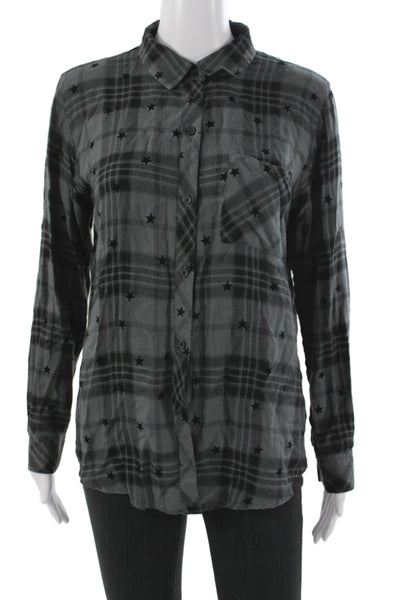 Rails Womens Basic Collared Plaid Button-Up Rayon Long Sleeve Black Size S