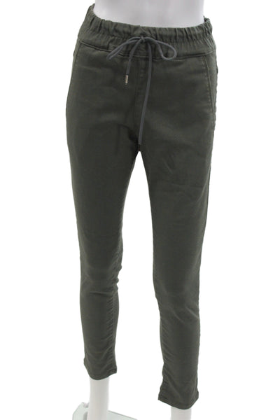 Flog Women Green Herringbone Jogger Pants Drawstring 98% Cotton Size 24