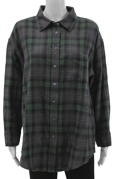 Elizabeth & James Women Collared Plaid Button-Up Black Long Sleeve Size L