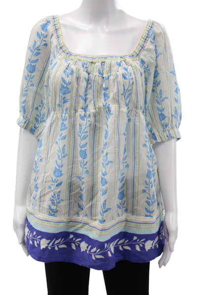 Free People Women Blue Floral Tunic Square Neck 3/4 Sleeve Cotton Size S