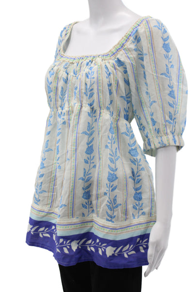Free People Women Blue Floral Tunic Square Neck 3/4 Sleeve Cotton Size S