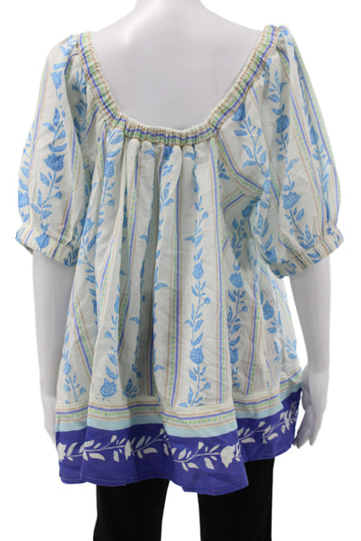 Free People Women Blue Floral Tunic Square Neck 3/4 Sleeve Cotton Size S