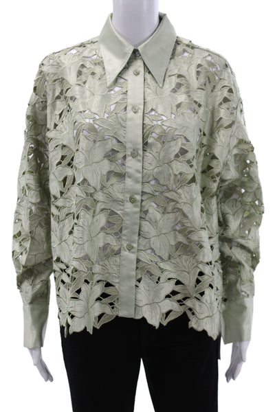 Rich Radi Q's Womens Button Up Blouse Green Floral Collared Long Sleeve Size S