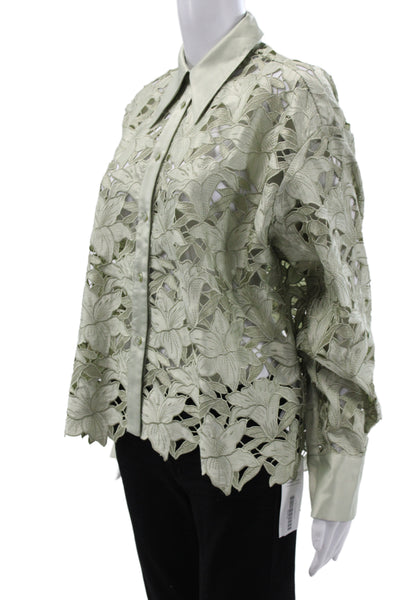 Rich Radi Q's Womens Button Up Blouse Green Floral Collared Long Sleeve Size S