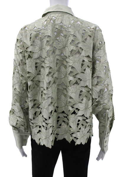 Rich Radi Q's Womens Button Up Blouse Green Floral Collared Long Sleeve Size S