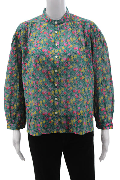 Birds of Paradis Womens Green Floral Collared Cotton Long Sleeve Blouse Size XS