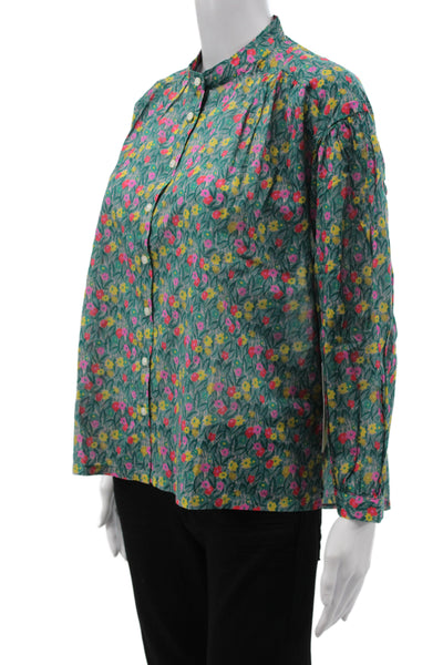 Birds of Paradis Womens Green Floral Collared Cotton Long Sleeve Blouse Size XS