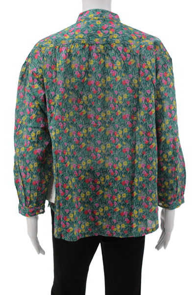 Birds of Paradis Womens Green Floral Collared Cotton Long Sleeve Blouse Size XS
