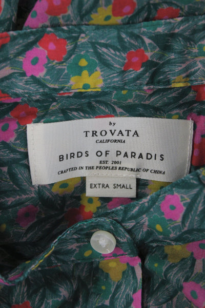 Birds of Paradis Womens Green Floral Collared Cotton Long Sleeve Blouse Size XS