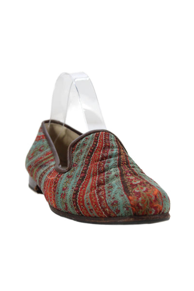 Stubbs & Wootton Womens Slip On Striped Floral Canvas Loafers Blue Brown Size 9