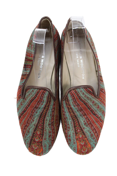 Stubbs & Wootton Womens Slip On Striped Floral Canvas Loafers Blue Brown Size 9