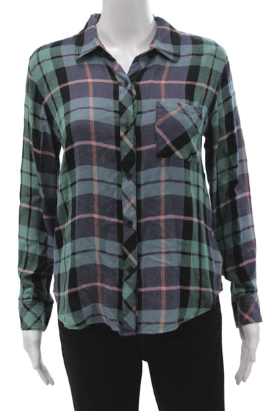 Rails Women Button-Up Collared Plaid Black Long Sleeve Rayon Size S