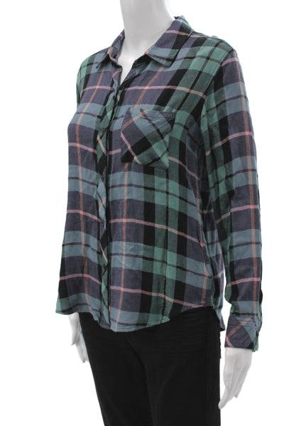 Rails Women Button-Up Collared Plaid Black Long Sleeve Rayon Size S