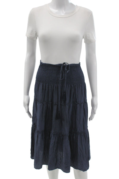 Calypso Womens Peasant Bohemian Silk Midi Skirt Blue Drawstring Size XS