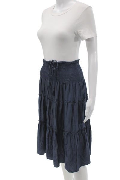 Calypso Womens Peasant Bohemian Silk Midi Skirt Blue Drawstring Size XS
