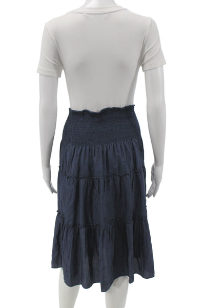 Calypso Womens Peasant Bohemian Silk Midi Skirt Blue Drawstring Size XS