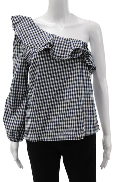 J Crew Women One Shoulder Gingham Cotton Blouse Long Sleeve Size 6