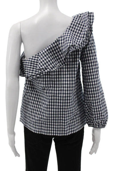 J Crew Women One Shoulder Gingham Cotton Blouse Long Sleeve Size 6