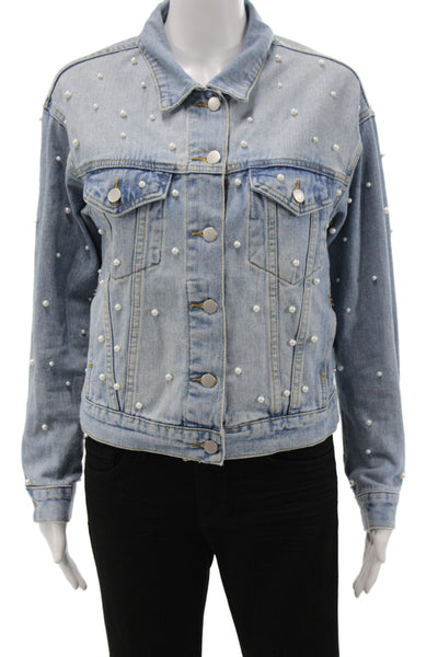 Superdown Women Basic Cotton Jacket Blue Button Pearl Long Sleeve Size XS