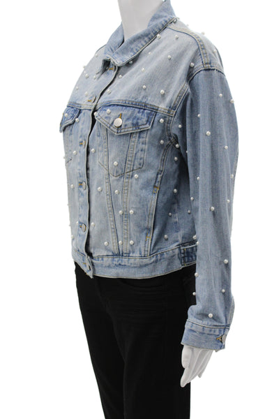 Superdown Women Basic Cotton Jacket Blue Button Pearl Long Sleeve Size XS