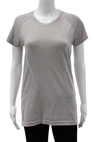 Lululemon Women Gray Striped Crew Neck Short Sleeve Basic T-Shirt Size 10