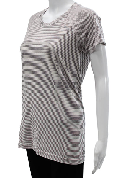 Lululemon Women Gray Striped Crew Neck Short Sleeve Basic T-Shirt Size 10