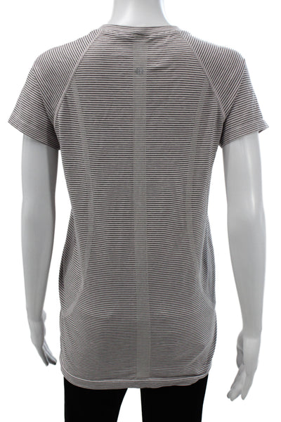 Lululemon Women Gray Striped Crew Neck Short Sleeve Basic T-Shirt Size 10
