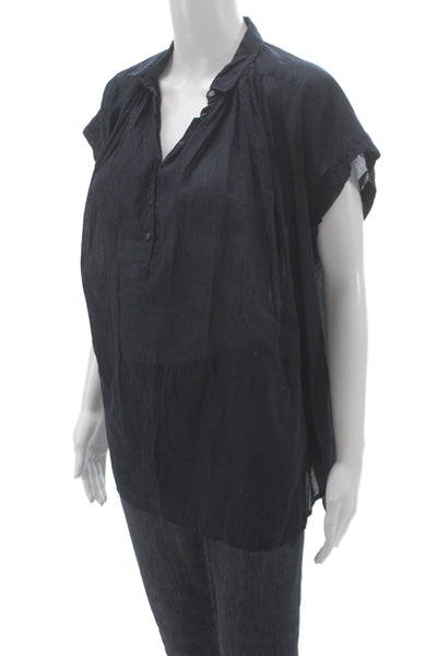 Nili Lotan Women Tunic Blouse Black Collared Button Short Sleeve Cotton Size XS
