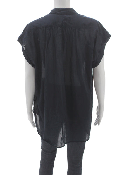 Nili Lotan Women Tunic Blouse Black Collared Button Short Sleeve Cotton Size XS