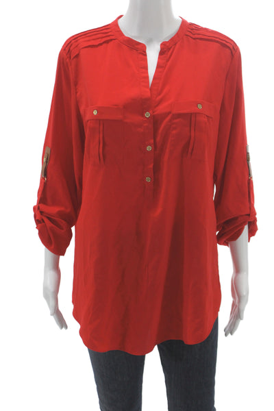 Calvin Klein Women Tunic Blouse Red V-Neck 3/4 Sleeve Polyester Casual Size M