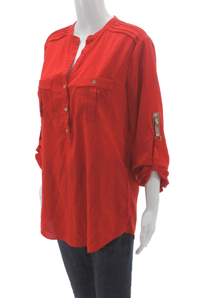 Calvin Klein Women Tunic Blouse Red V-Neck 3/4 Sleeve Polyester Casual Size M