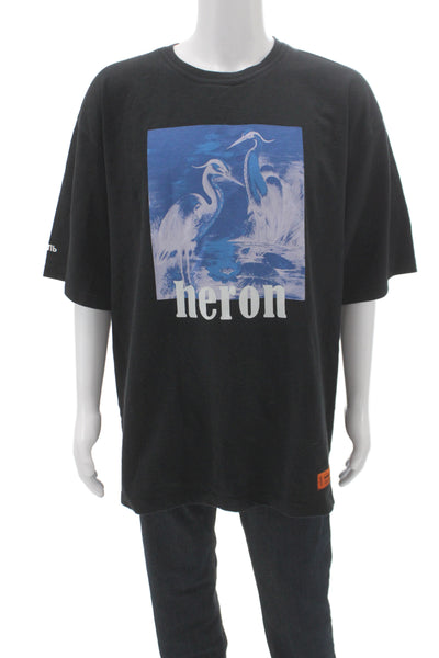 Heron Preston Mens Black Graphic Crewneck Cotton Tee Short Sleeve Size XL