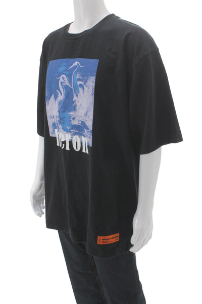 Heron Preston Mens Black Graphic Crewneck Cotton Tee Short Sleeve Size XL