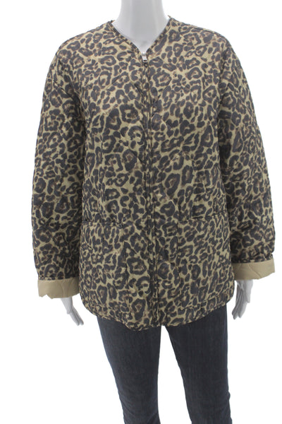 Zara Womens Quilted Leopard Jacket Beige Zip Long Sleeve Polyester Size XS