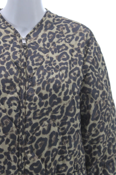 Zara Womens Quilted Leopard Jacket Beige Zip Long Sleeve Polyester Size XS