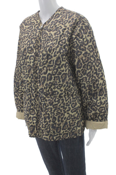 Zara Womens Quilted Leopard Jacket Beige Zip Long Sleeve Polyester Size XS