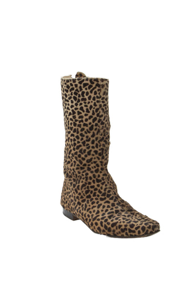 Manolo Blahnik Womens Pony Hair Cheetah Print Midi Boots Shoes Brown Size 8