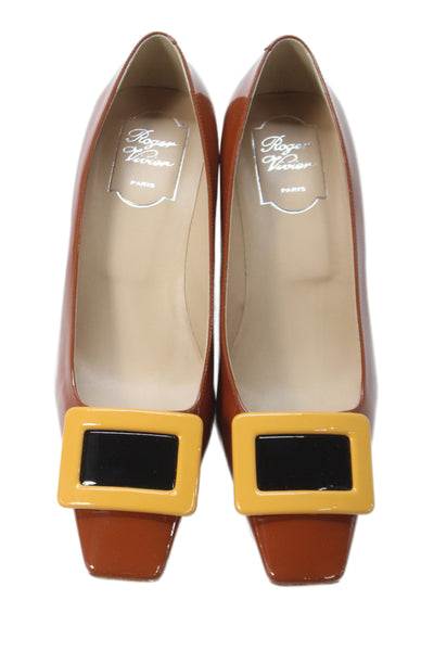 Roger Vivier Womens Leather Embellished Block Heels Shoes Brown Size 8.5