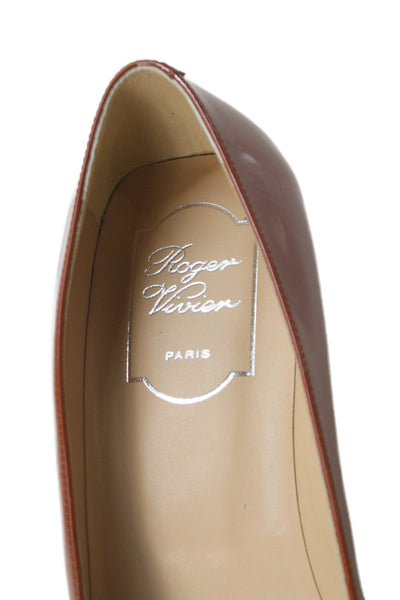 Roger Vivier Womens Leather Embellished Block Heels Shoes Brown Size 8.5