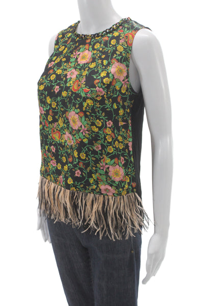 Kobi Halperin Women Silk Floral Tank Round Neck Sleeveless Black Size XS