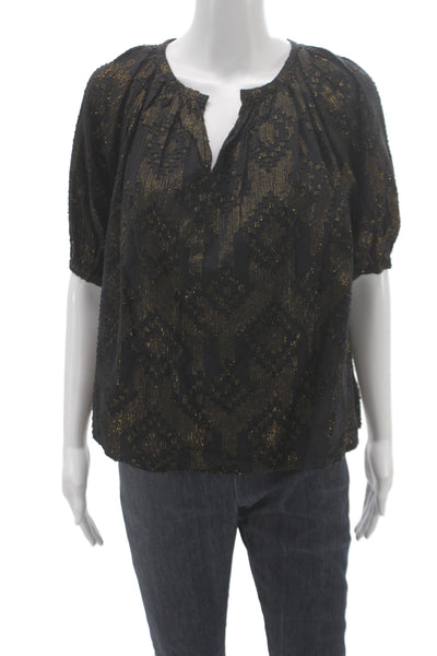 Roller Rabbit Women Black Geometric V-Neck Tunic Short Sleeve Bohemian Size S