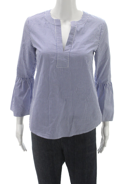 J Crew Women Tunic Blouse Blue Striped V Neck Bell 3/4 Cotton Size 00