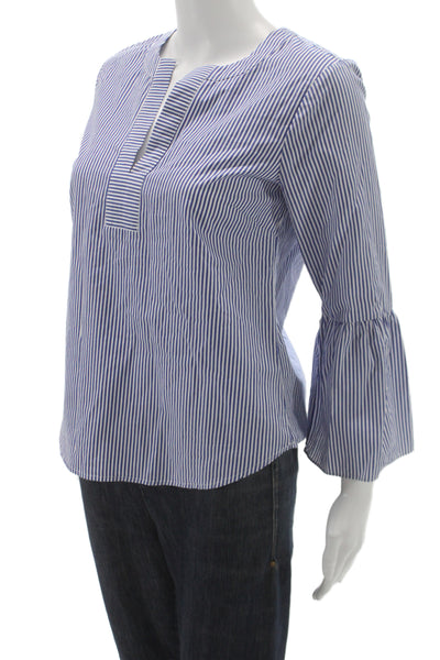J Crew Women Tunic Blouse Blue Striped V Neck Bell 3/4 Cotton Size 00