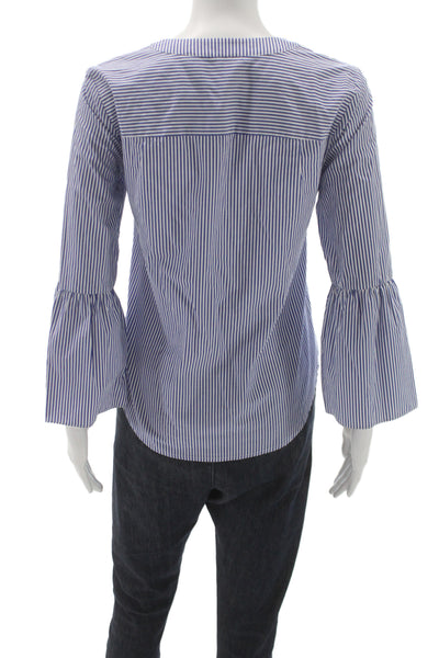 J Crew Women Tunic Blouse Blue Striped V Neck Bell 3/4 Cotton Size 00
