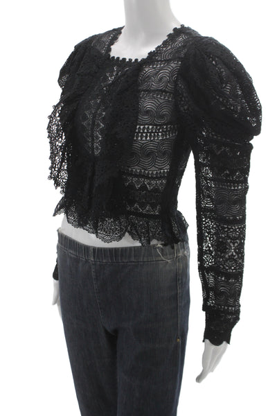 Ulla Johnson Women Cropped Blouse Black Square Neck Zip Long Sleeve Size 0