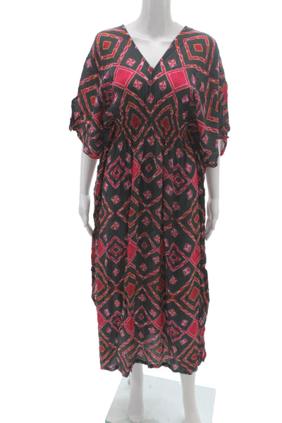 Rujuta Sheth Womens Kaftan Dress Black Argyle V-Neck Short Sleeve Size One Size